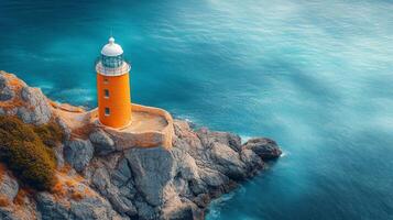 An orange lighthouse on a rocky cliff photo