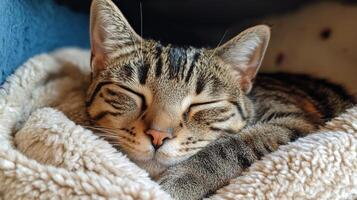 A cat sleeping on a blanket photo