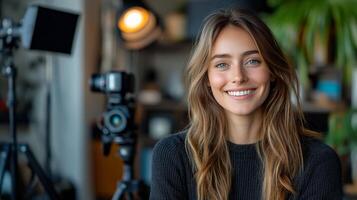 A woman smiling in front of a camera photo