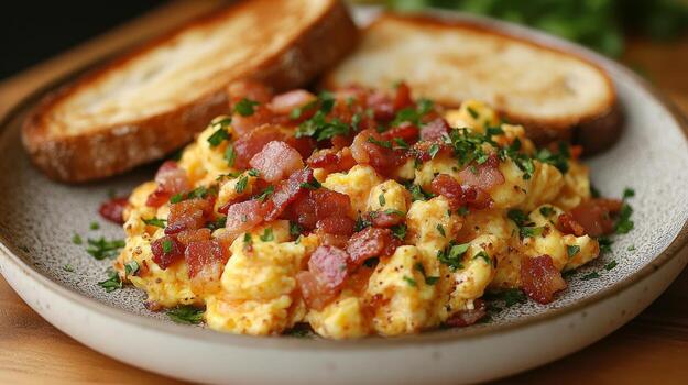 Scrambled eggs with bacon and toast photo