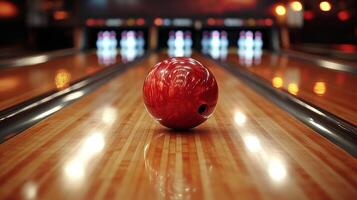 A bowling ball is sitting on the bowling lane photo