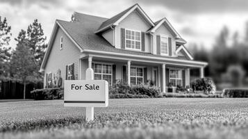 A black and white photo of a for sale sign in front of a house