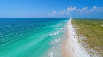 A beach with green grass and white sand photo