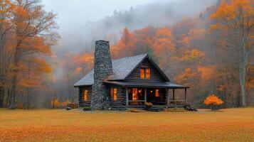 A small cabin in the middle of a forest photo