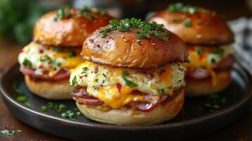 Three mini sliders with cheese and bacon on a plate photo