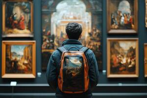 A man with a backpack looking at paintings in an art museum photo