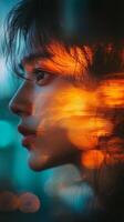 A woman with her face blurred by light photo