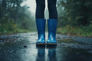 A person standing in the rain wearing blue rain boots photo