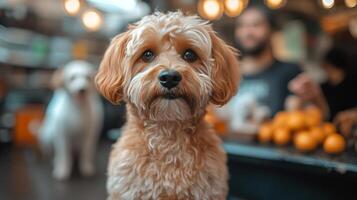 A dog sitting in front of a table with oranges photo