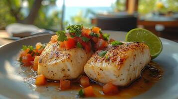 A plate of fish with tomatoes and a lime photo