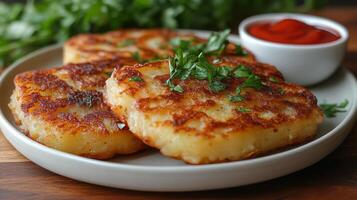 Three potato cakes with ketchup on a plate photo