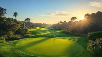 The sun sets over a golf course with palm trees photo