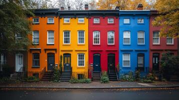 A row of colorful houses in the fall photo