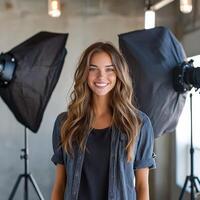 A woman smiling in front of a studio with lighting equipment photo