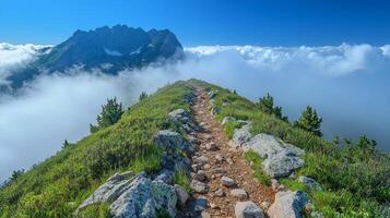 A path leads up to a mountain with clouds above photo