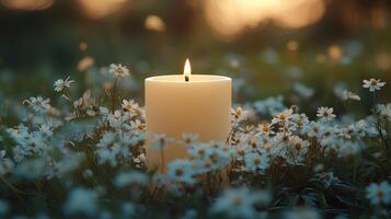 A candle in a field of daisies photo