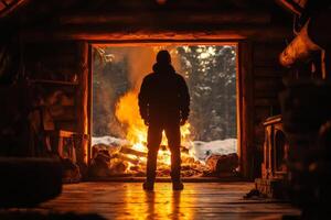 A man standing in front of a fire in a cabin photo
