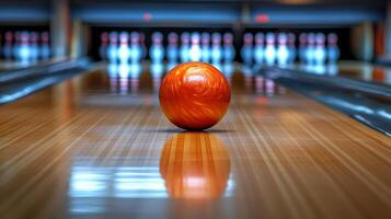 A bowling ball is sitting on the bowling lane photo