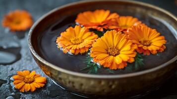 Calendula flowers in a bowl of water photo