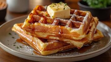 A plate topped with waffles and butter photo