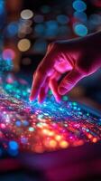 A person touching a tablet with colorful lights photo