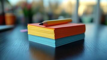 A stack of colorful post - it notes sitting on top of a pencil photo