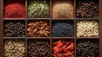 Various spices and herbs in wooden boxes photo