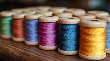 A row of spools of thread with wooden spools photo