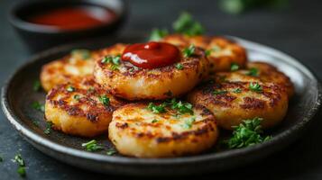 Potato cakes with ketchup on a black plate photo