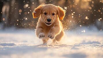 A golden retriever puppy running through the snow photo