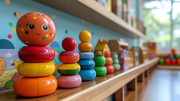 A row of colorful wooden toys on a shelf photo