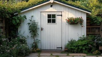 A white shed with a door and a flower pot photo