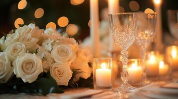 A table with white roses and candles photo