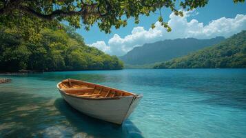 A boat is sitting on the shore of a lake photo
