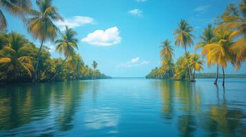 A body of water with palm trees and blue sky photo