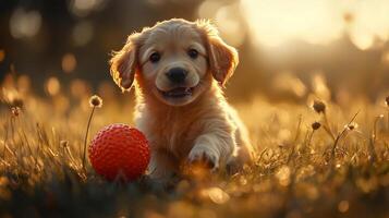 A puppy playing with a red ball in the grass photo