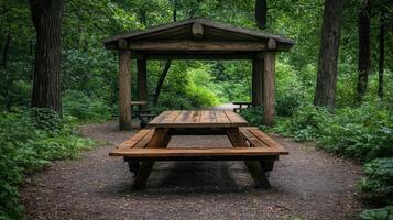 A picnic table in the woods photo