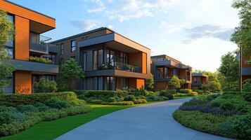 A rendering of a modern apartment complex photo