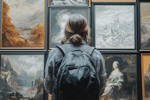 A woman with a backpack looking at paintings photo