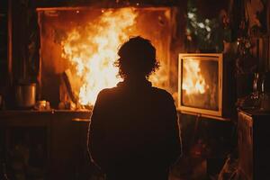 A person standing in front of a fire in a room photo