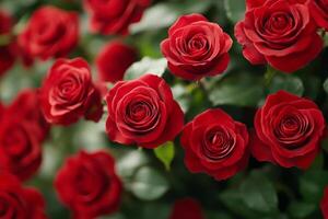A group of red roses are growing in a field photo