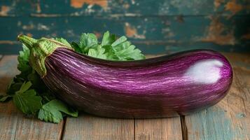 A purple eggplant on a wooden table photo