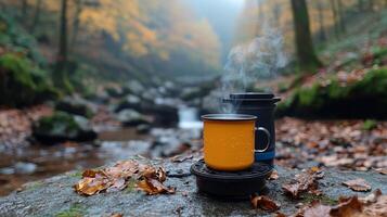 Coffee mug on a rock in the woods photo