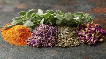 Herbs and spices on a dark background photo