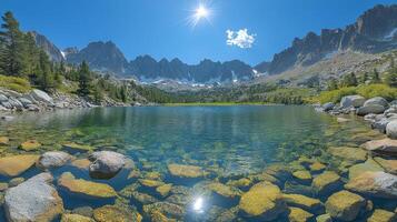 A lake surrounded by rocks and trees photo
