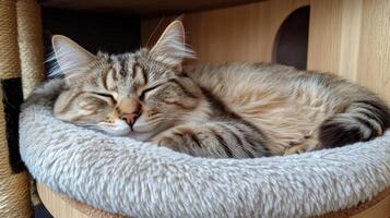 A cat sleeping in a cat bed photo
