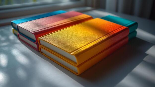 Three colorful books sitting on a table photo