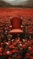 A red chair sits in a field of flowers photo