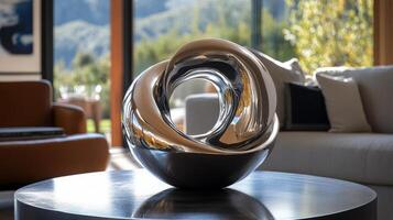 A modern sculpture on a table in a living room photo