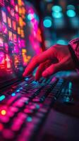 A person typing on a laptop computer with colorful lights photo